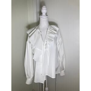 MSGN Milano White Cotton Long Sleeve Tie Front Ruffle Top